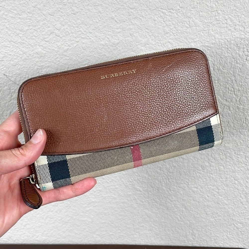Burberry Elmore Zip Wallet Leather With Horseferry Check Canvas Brown Tan Plaid